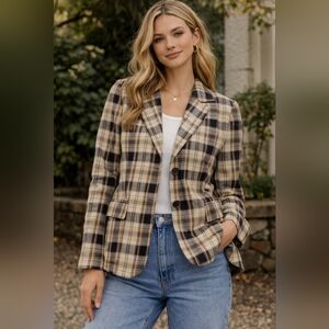 Lafayette 148 Womens Blazer Plaid Linen Career Button Front Blue Size 4